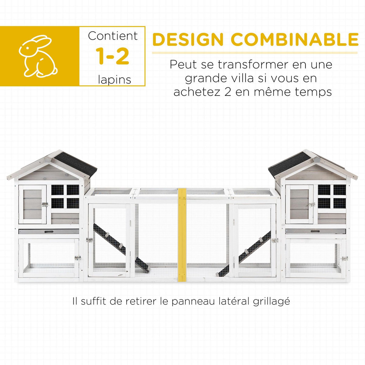 PAWHUT Clapier cage à lapins cottage - niche supérieure avec rampe et enclos extérieur - plateau excrément, toit bitumé, 4 portes verrouillables - bois sapin blanc gris