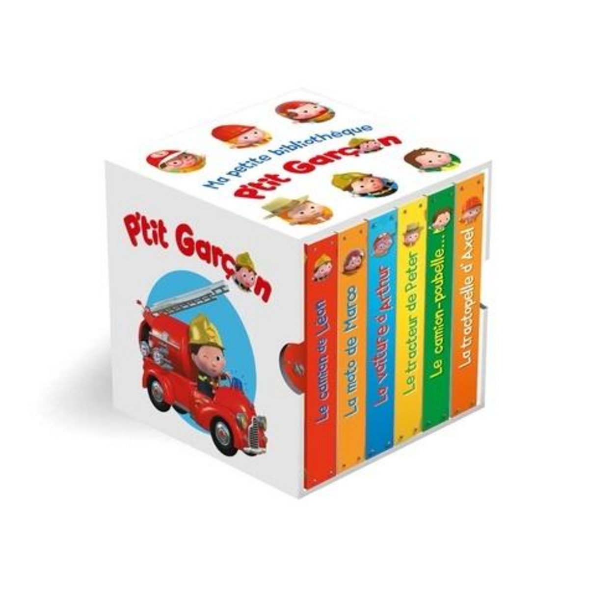 P'TIT GARCON : MA PETITE BIBLIOTHEQUE. COFFRET AVEC 6 LIVRES : LE CAMION DE LEON ; LA MOTO DE MARCO ; LA VOITURE D'ARTHUR ; LE TRACTEUR DE PETER ; LE CAMION-POUBELLE DE MARCEL ; LA TRACTOPELLE D'AXEL, Bélineau Nathalie