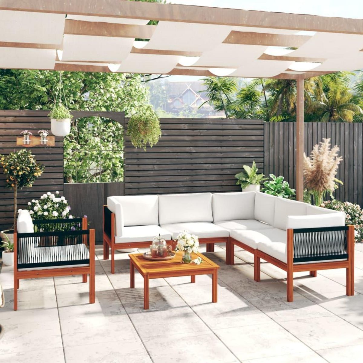 VIDAXL Salon de jardin 7 pcs avec coussins Creme Bois d'acacia solide