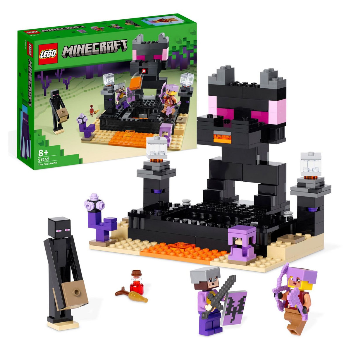 LEGO Minecraft 21242 L'arène de l'End, Jouet de Combat avec Lave, Figurine Dragon de l'Ender et Enderman