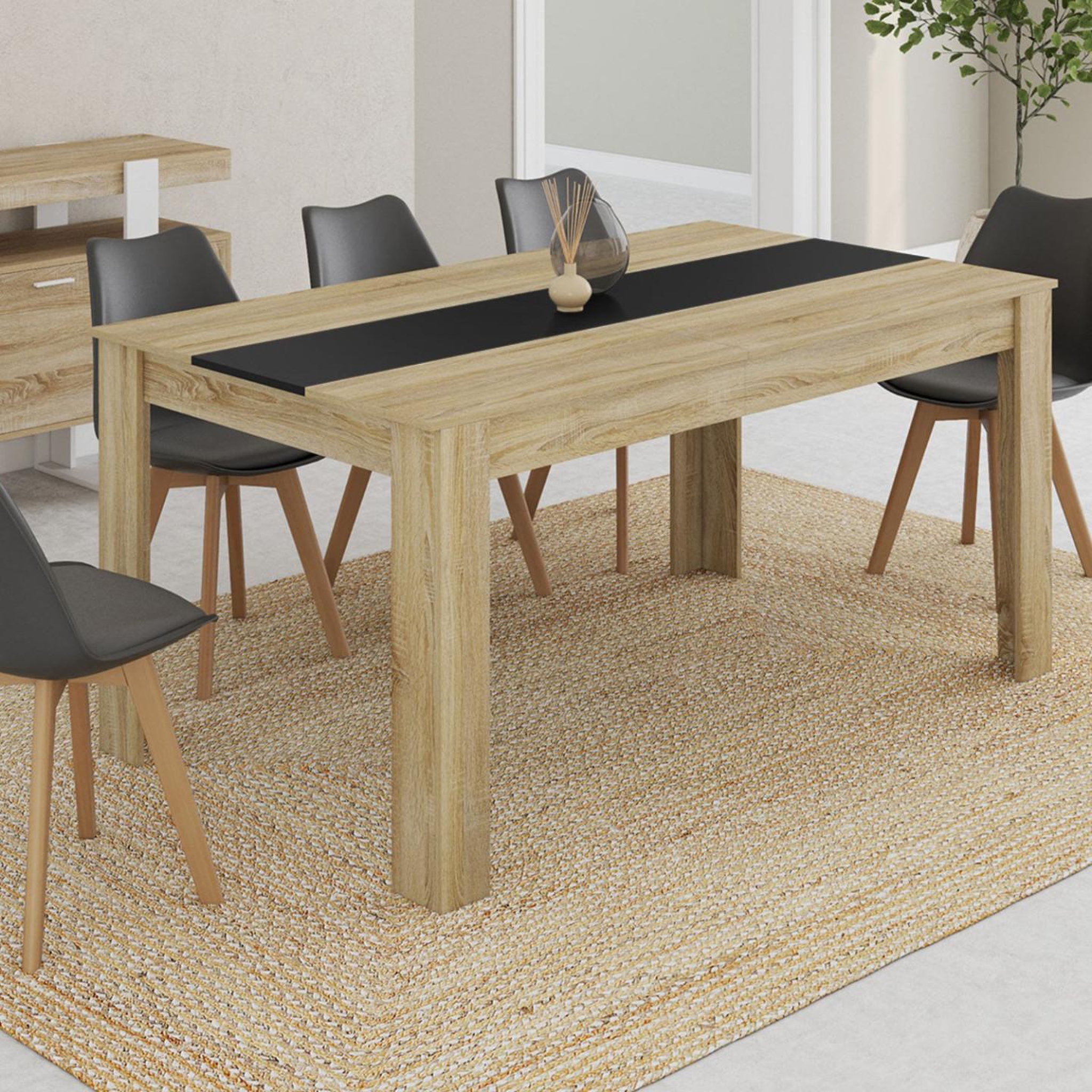 Voir la diapositive 2 : ID MARKET Table à manger rectangle georgia 8 personnes imitation hêtre et noire 160 x 80 cm