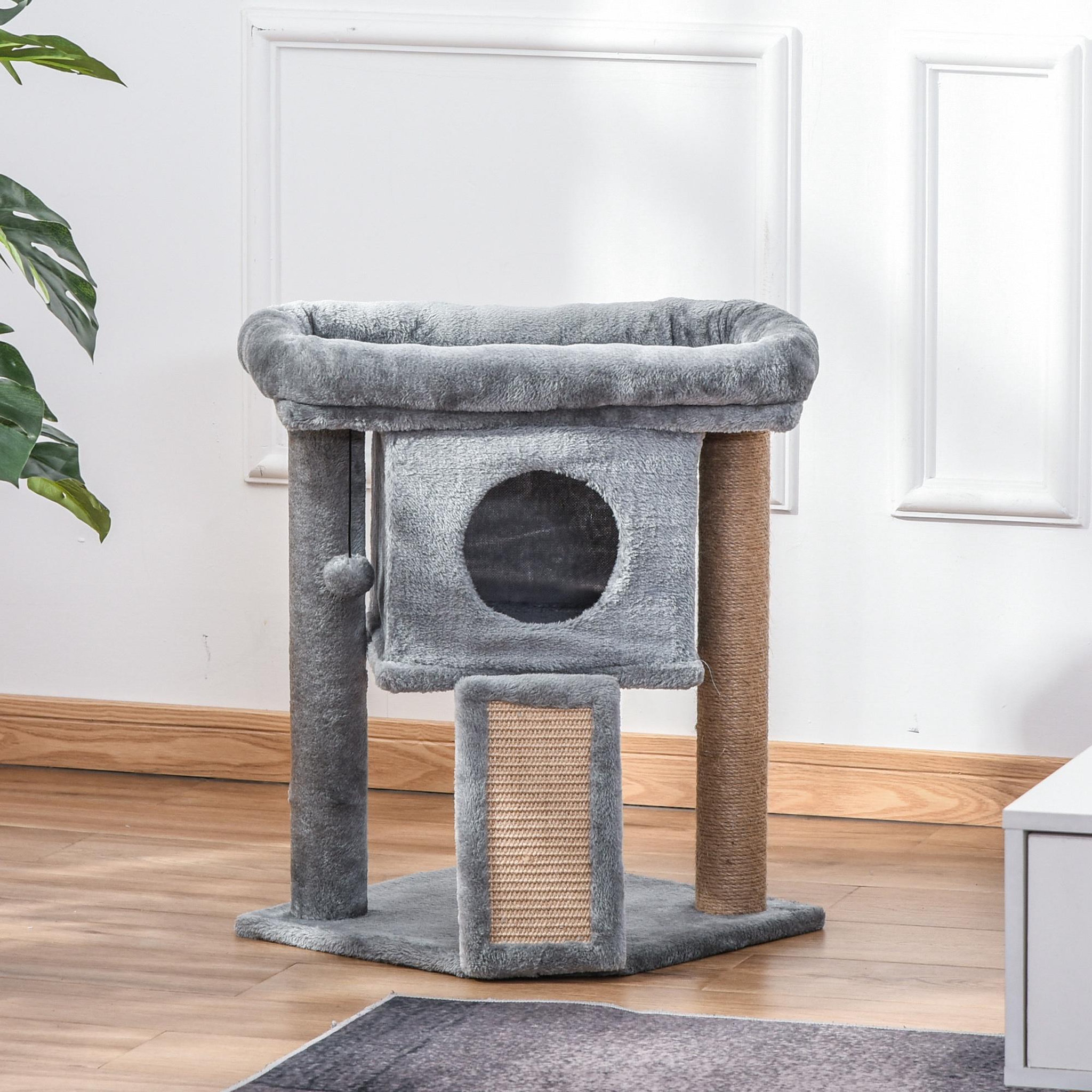 Voir la diapositive 2 : PAWHUT Arbre à chat grattoir griffoir niche panier d'observation boule peluche gris