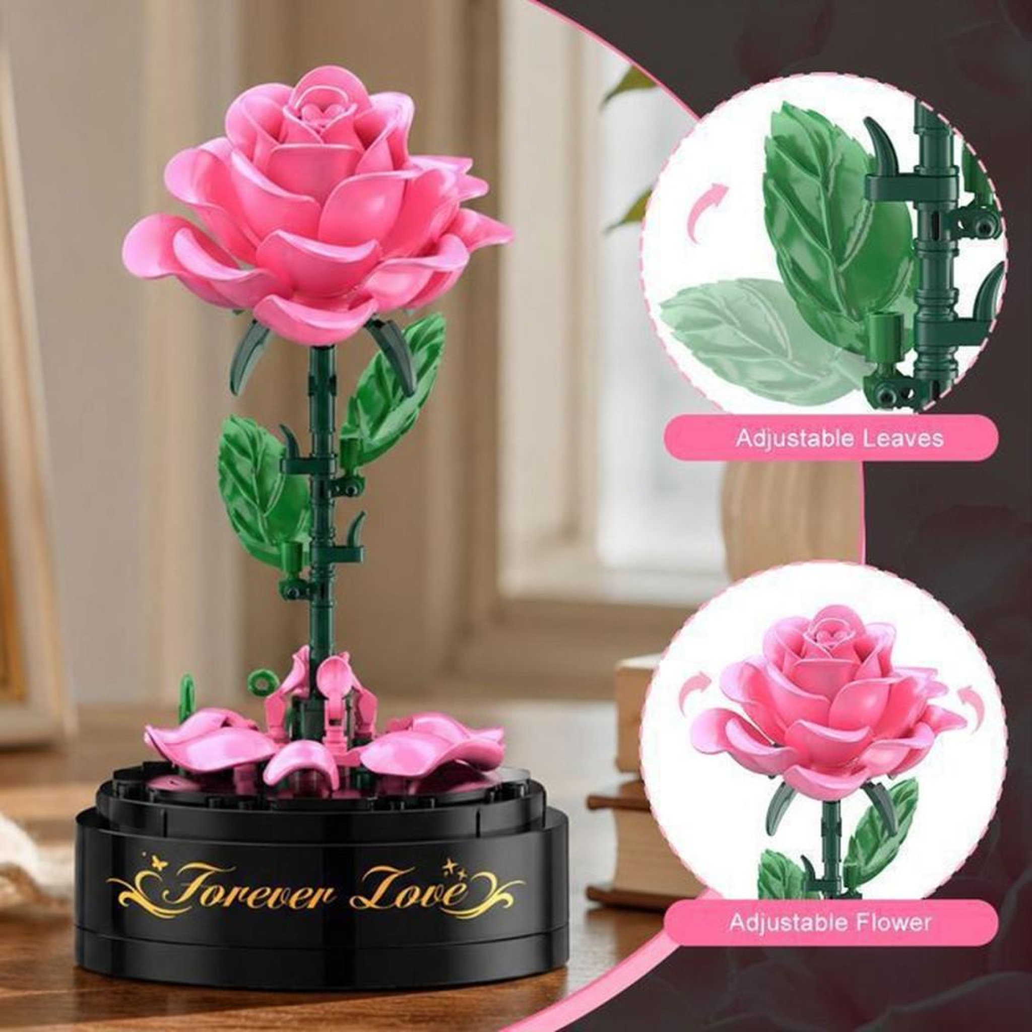 Voir la diapositive 3 : Kit de construction bouquet de roses gothiques avec LEDs intégrées, 126 pièces, fleurs rose et base noire
