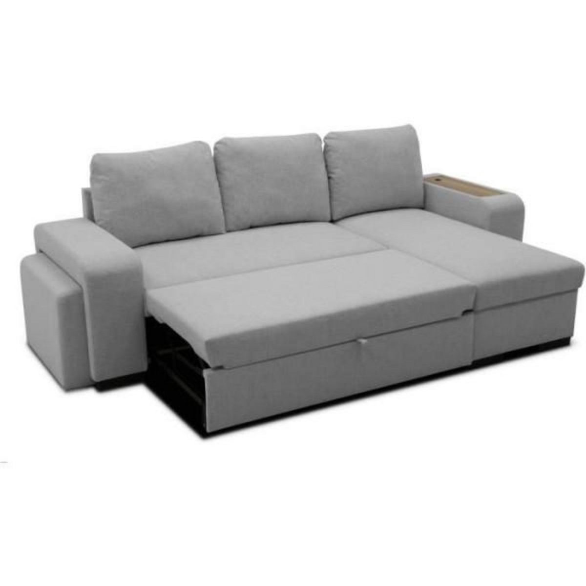 MARKET24 Canapé d'angle convertible réversible VALDO 3 a 4 places - Tissu Souris - Tablette avec USB - Coffre + Pouf - L247xP143xH86 cm