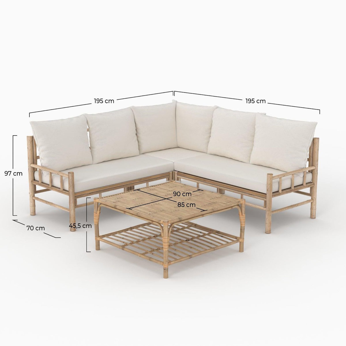 Rendez vous déco Salon de jardin 5 personnes blanc en bambou, table basse carrée-Vadella
