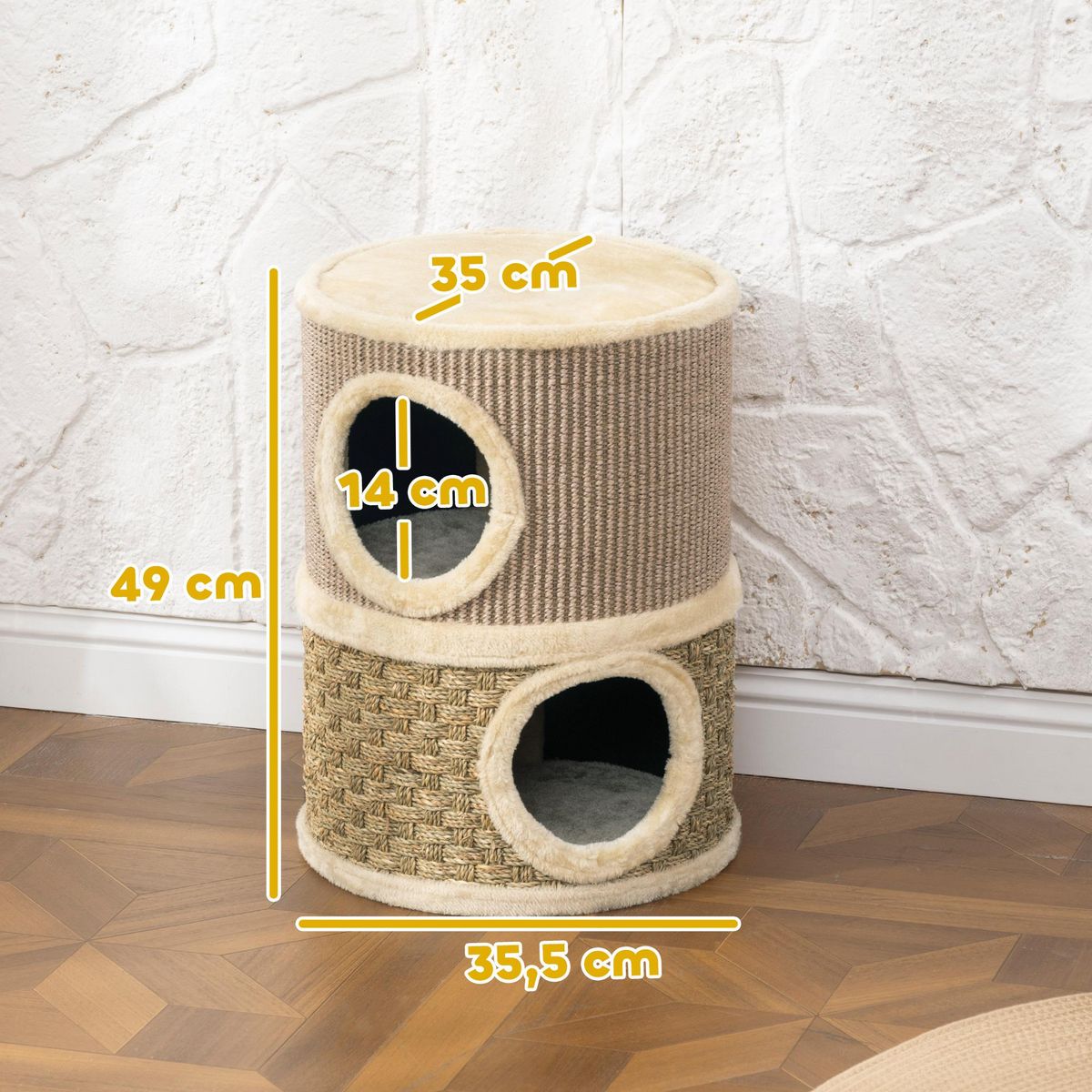 PAWHUT Arbre à chat cylindrique - tour à griffer pour chat - arbre à chat tour - tonneau griffoir - 2 niches + plateforme - sisal corde d'algues beige