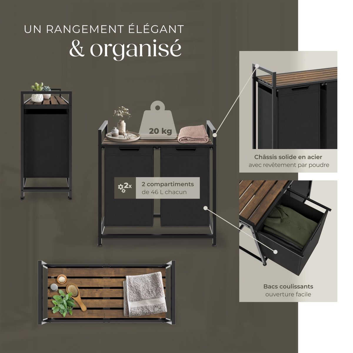 tectake Panier à linge style industriel avec 2 ou 3 compartiments extensibles noir/marron 34 x 74 x 72 cm