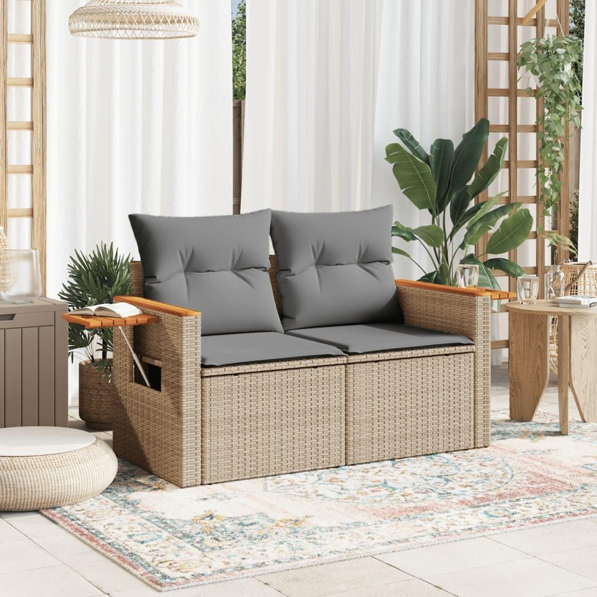 Voir la diapositive 3 : VIDAXL Canape de jardin avec coussins 2 places beige resine tressee