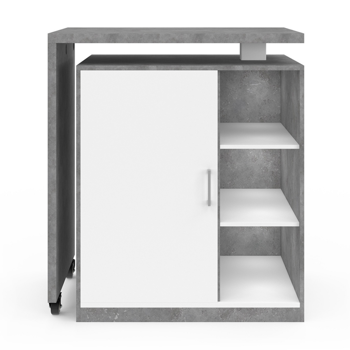 ID MARKET Ilot rotatif POLO meuble de bar pivotant 2 en 1 imitation béton porte blanche