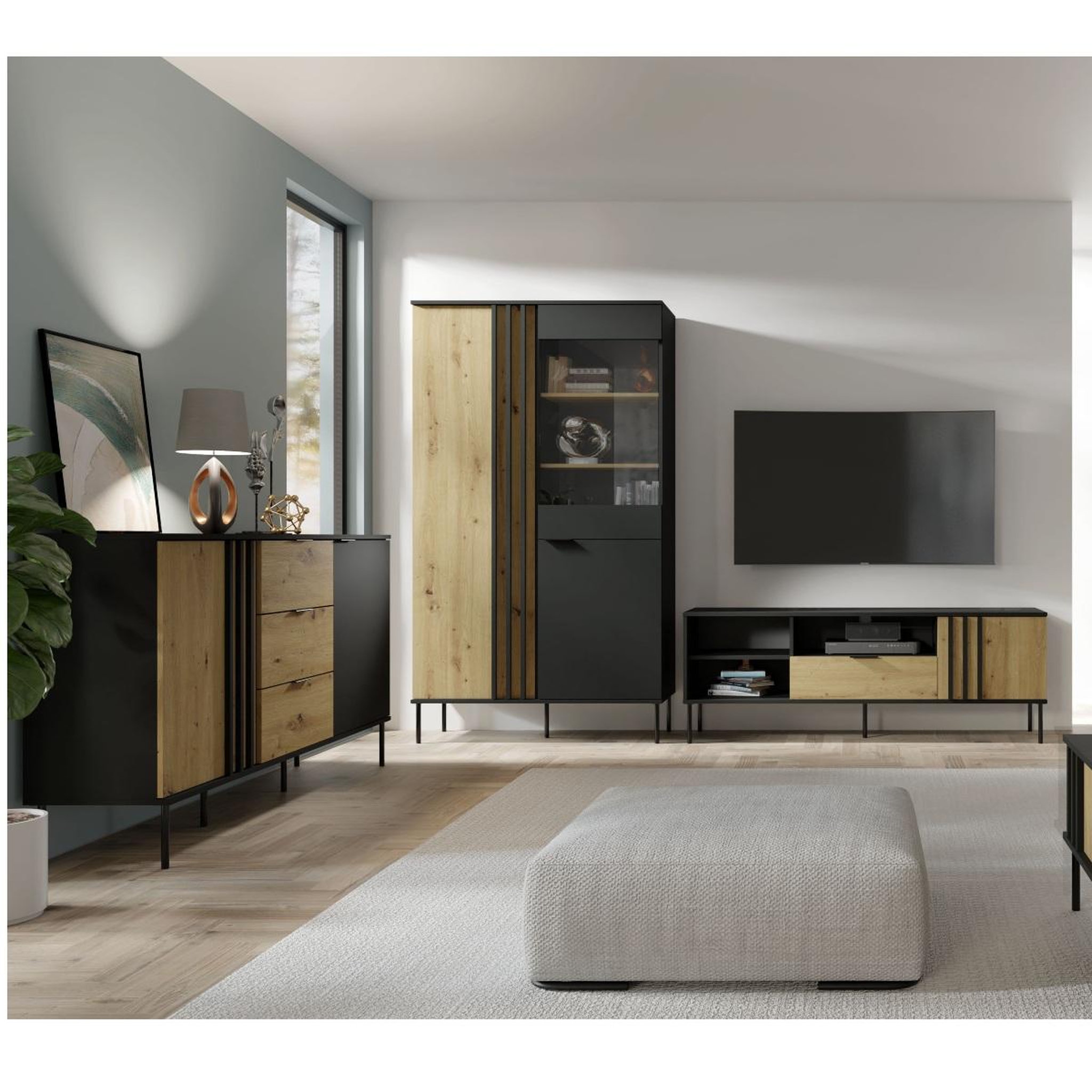 Voir la diapositive 4 : JLC KREATION Buffet bas moderne noir et bois 165cm irina