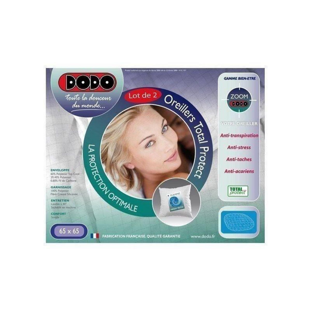 DODO DODO Lot de 2 oreillers Total Protect 65x65 cm blanc