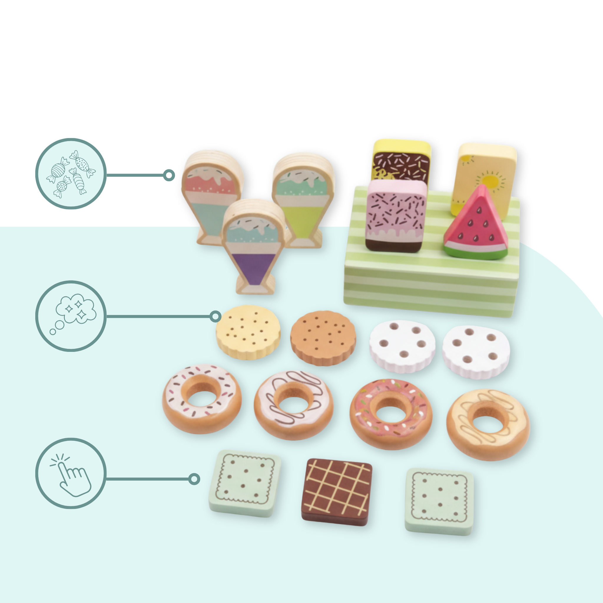 Voir la diapositive 4 : MAMABRUM Dinette Bois Enfant Mamabrum Bonbons Pâtisseries Confiserie 19 Pcs 3 Ans+