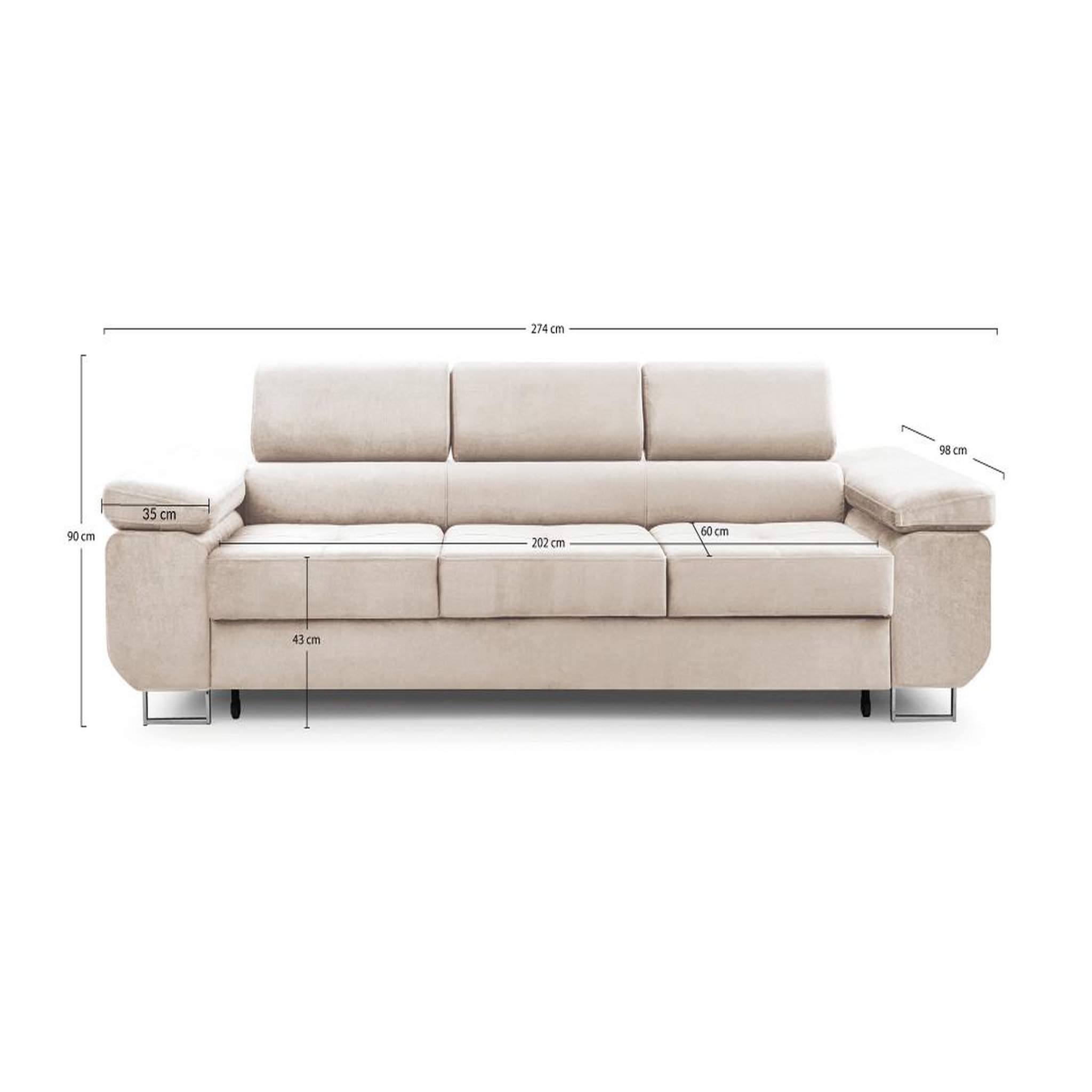 Voir la diapositive 6 : BEST MOBILIER Pablo - canapé 3 places - convertible avec têtières réglables - en velours