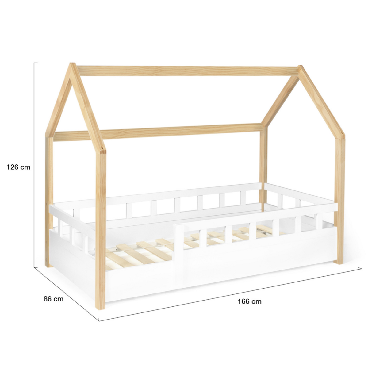 ID MARKET Lit cabane enfant 80 x 160 CM NEREE blanc et hêtre avec sommier et barrières