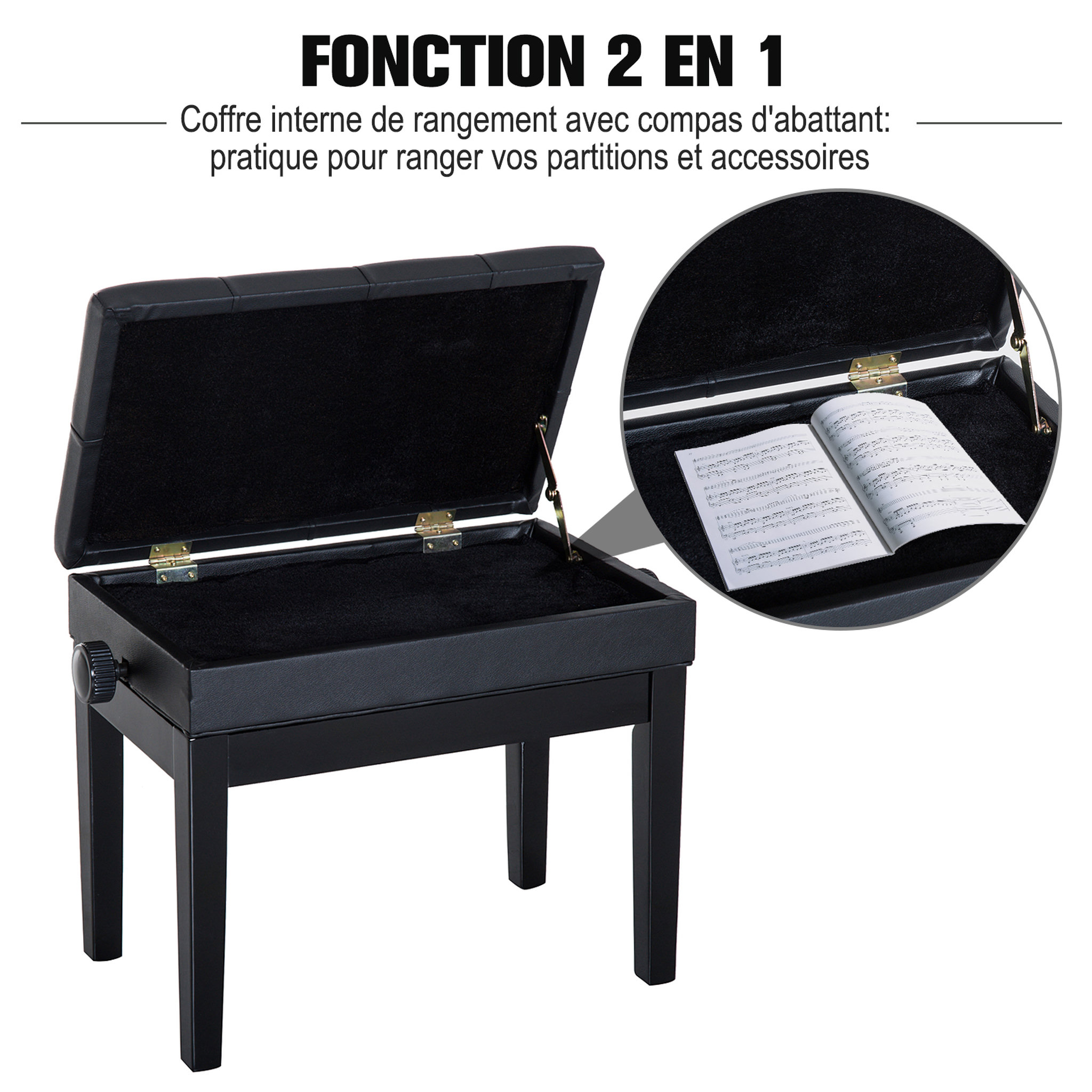 Voir la diapositive 6 : HOMCOM HOMCOM Banquette tabouret siège pour piano hauteur réglable 55L x 33l x 48-58H cm coffre de rangement interne assise revêtement synthétique capitonné bois noir