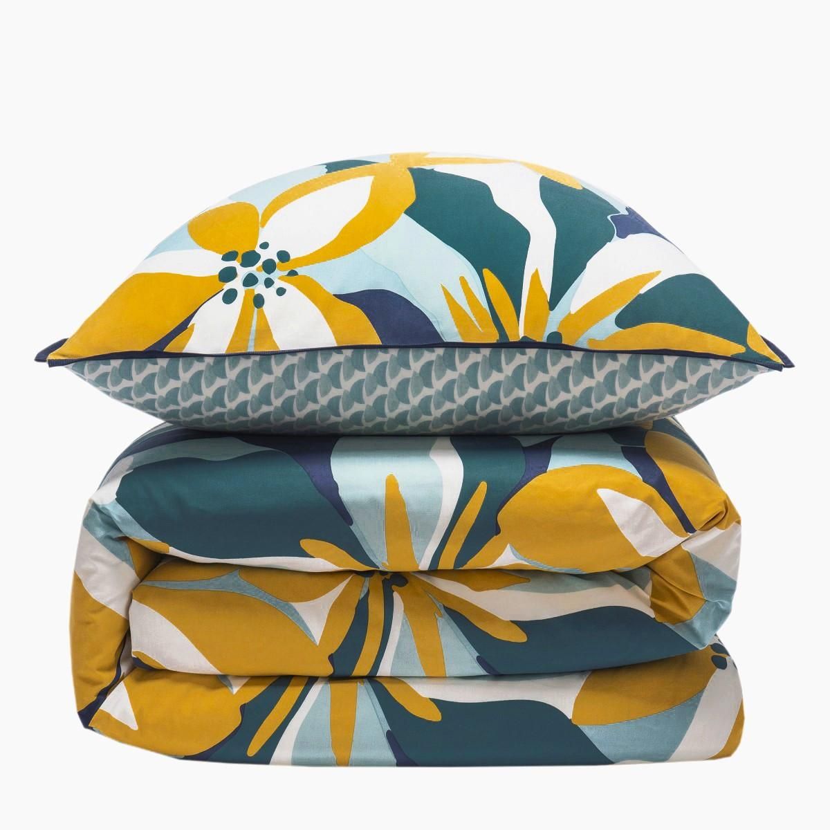 FUTURE HOME Parure de lit 2 personnes en percale 70 fils imprimé bleu