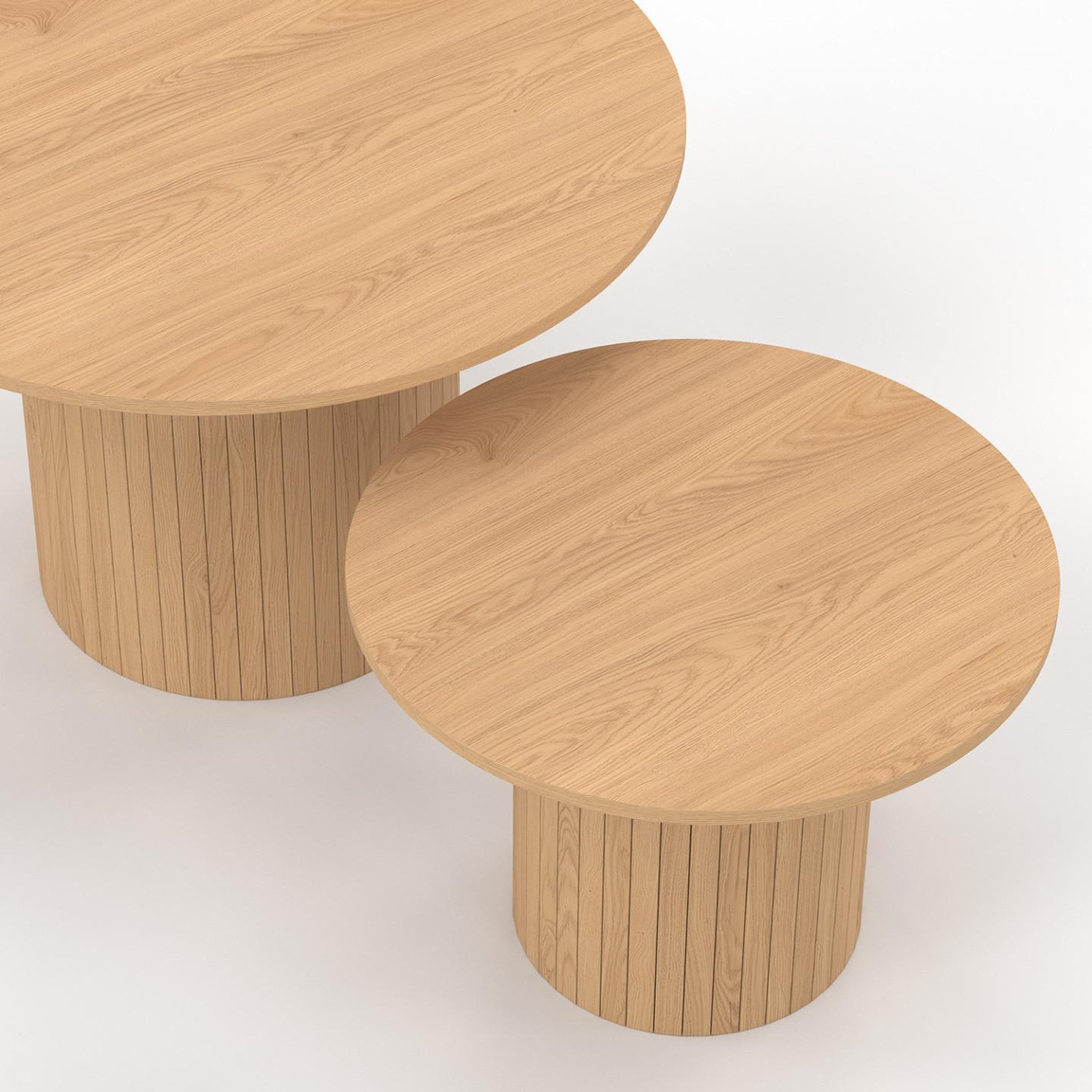 Voir la diapositive 5 : ID MARKET Lot de 2 tables basses gigognes juliette rondes 50/70 effet lattes tasseau bois coloris chêne