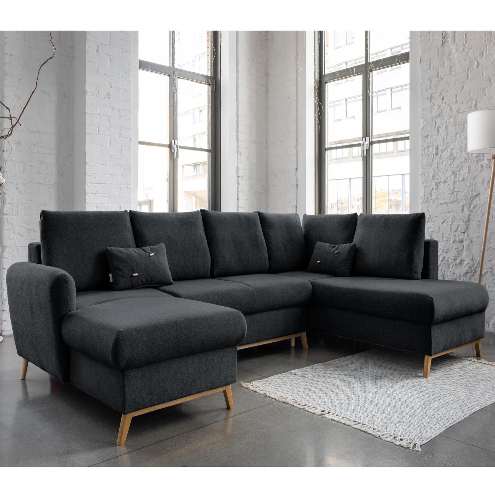 Voir la diapositive 1 : BEST MOBILIER Lagom - canapé d'angle panoramique - convertible - avec coffre - en tissu - 7 places - droit