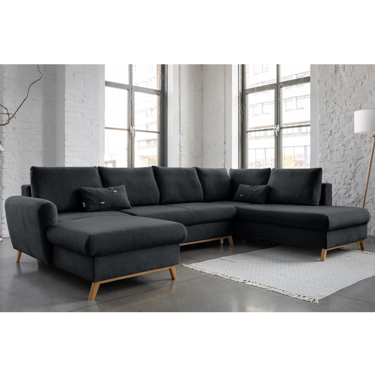 BEST MOBILIER Lagom - canapé d'angle panoramique - convertible - avec coffre - en tissu - 7 places - droit