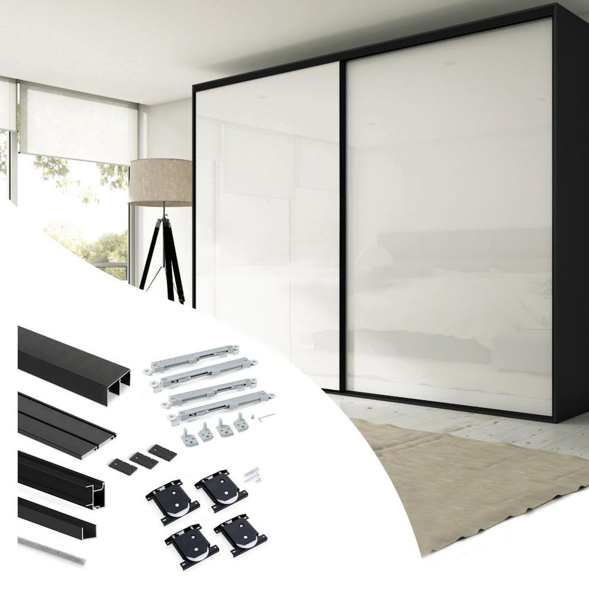 EMUCA SRL Kit de quincaillerie pour armoire à 2 portes coulissantes avec fermeture souple Placard 74 -  Modèle de poignée Sharp -  épaisseur 19mm -  panneaux non inclus -  Peint en Noir