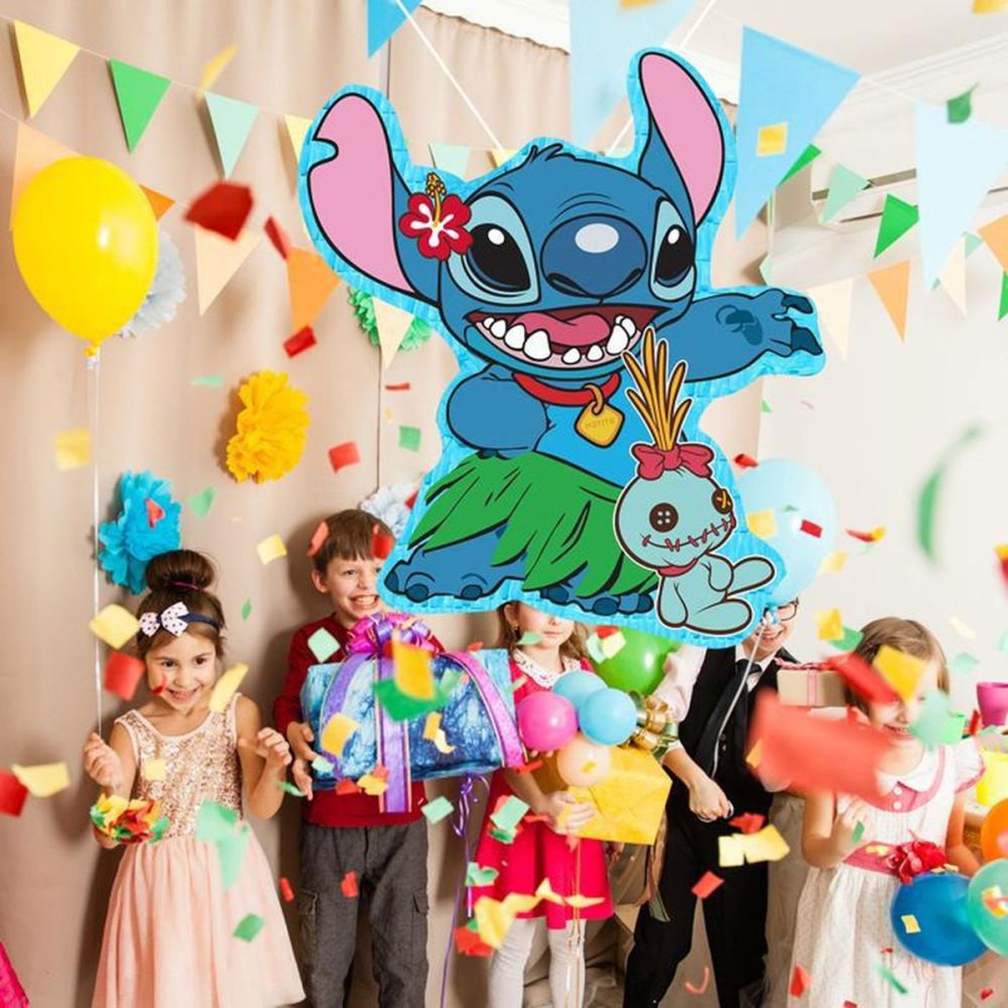 Voir la diapositive 6 : Piñata Stitch multicolore pour fête enfant avec masque et bâton, décorations Disney, franges festives, à remplir, 37 x 20 cm