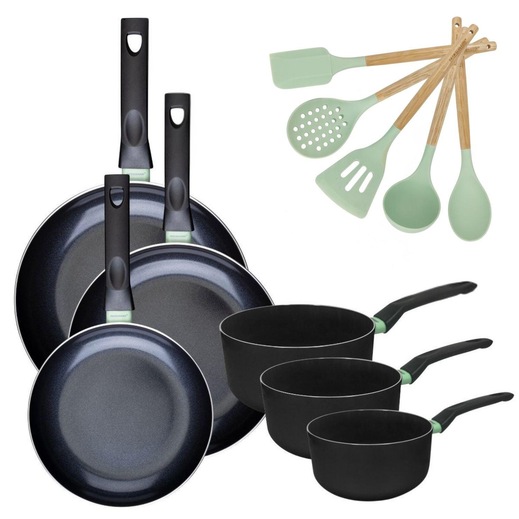 Fackelmann Batterie de cuisine avec 3 poêles 24/28/30 cm et 3 casseroles 16/18/20 cm et 5 ustensiles de cuisine fackelmann brandao océan