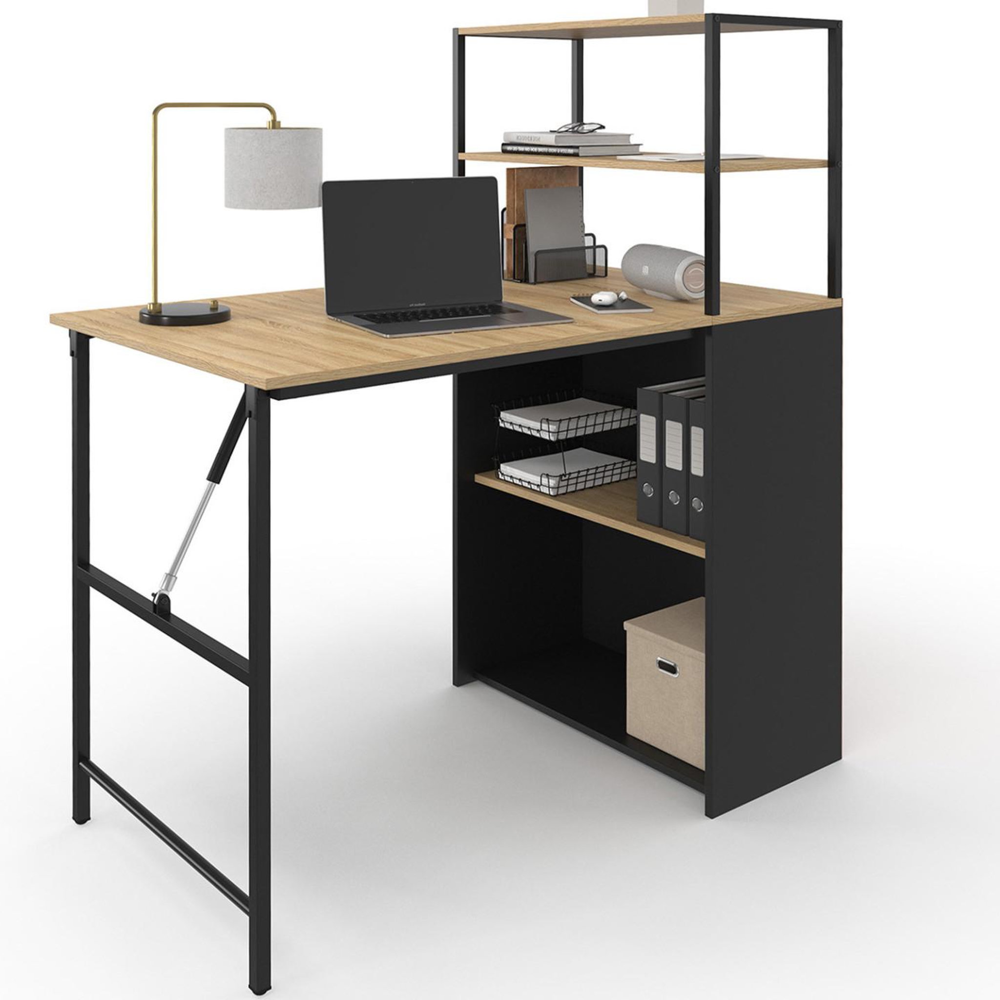 Voir la diapositive 3 : ID MARKET Bureau bibliothèque pliable ray plateau rabattable bois façon hêtre et noir