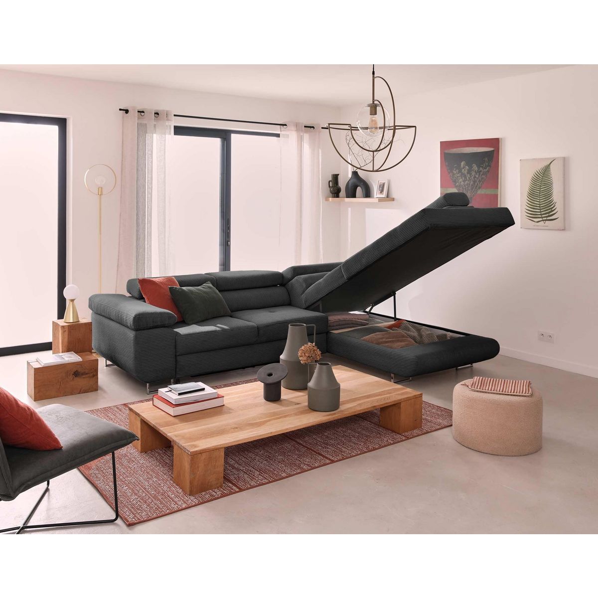 BEST MOBILIER Zaria - canapé d'angle droit - convertible avec coffre et têtières réglables - 5 places - en velours côtelé