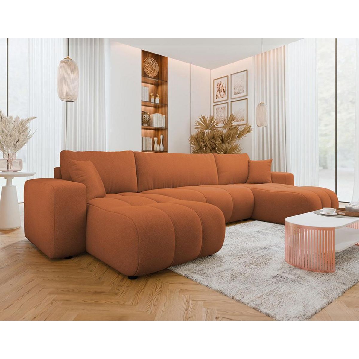 BEST MOBILIER Nicole - canapé panoramique en u 7 places convertible avec coffre en tissu