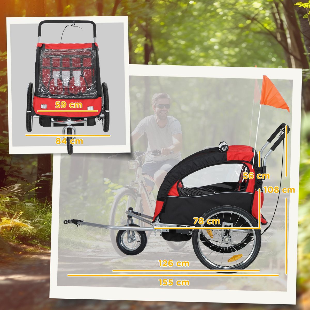 HOMCOM Remorque vélo jogger 2 en 1 enfant drapeau roue avant pivotante réflecteurs barre d'attelage inclus noir rouge