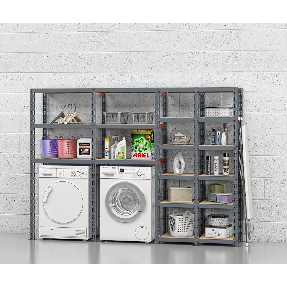 Concept rangement de garage MODULÖ STORAGE SYSTEME EXTENSION 4 étagères 18 plateaux longueur 240 cm