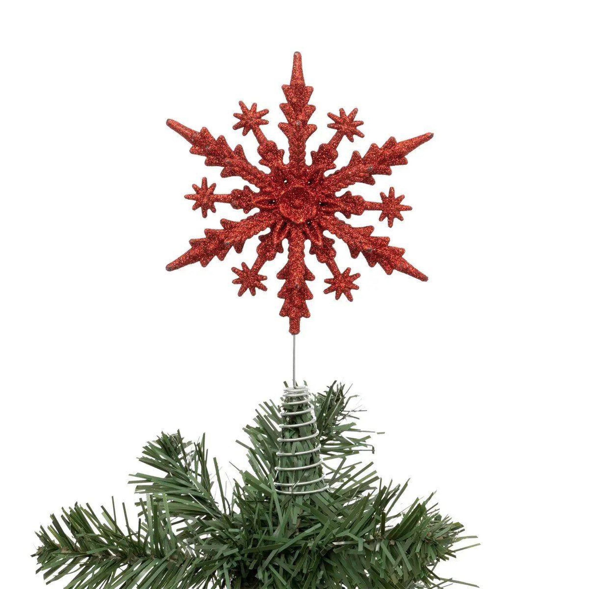 Voir la diapositive 2 : ATMOSPHERA Cimier de sapin pailleté  flocon  23cm rouge