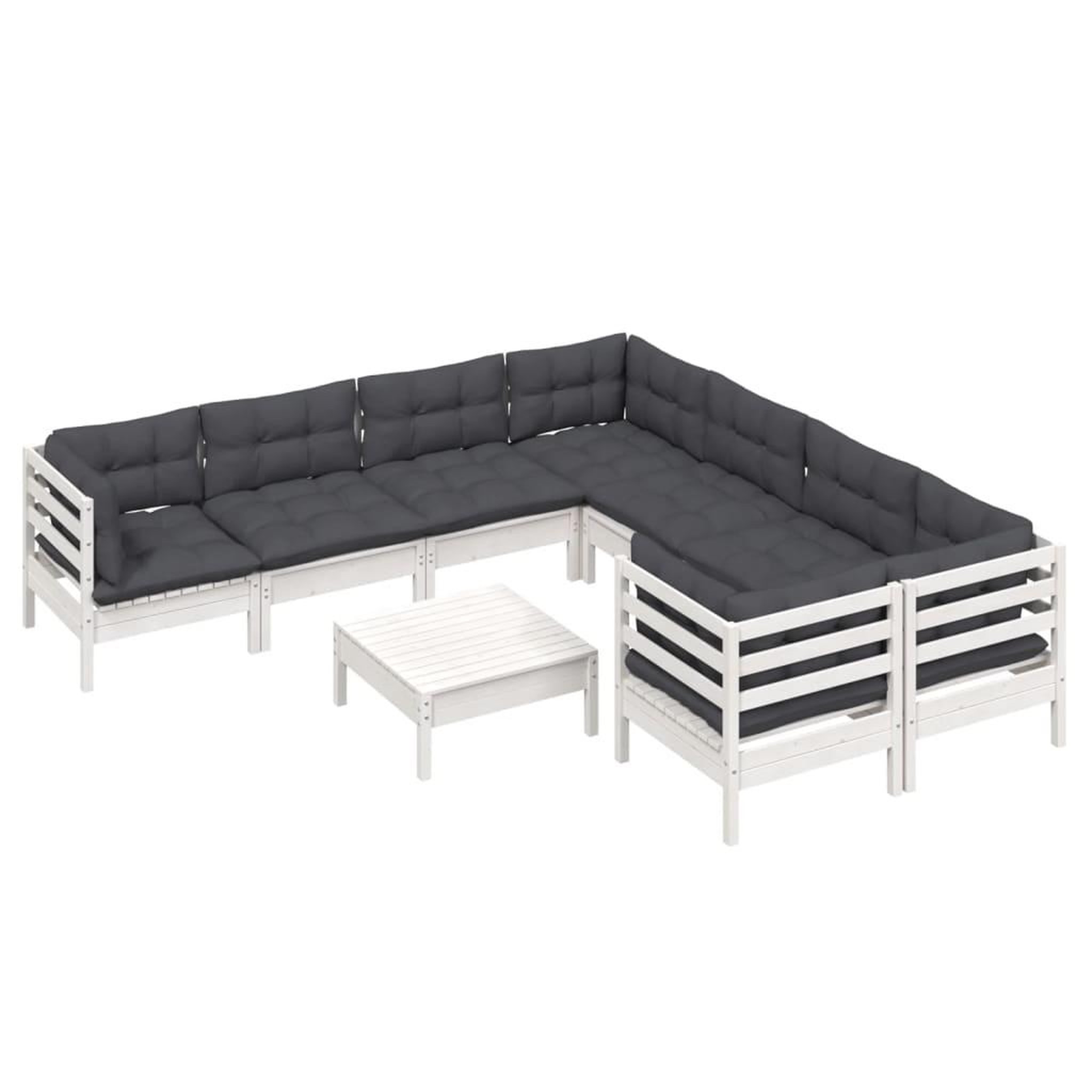 Voir la diapositive 3 : VIDAXL Salon de jardin 9 pcs avec coussins blanc bois de pin