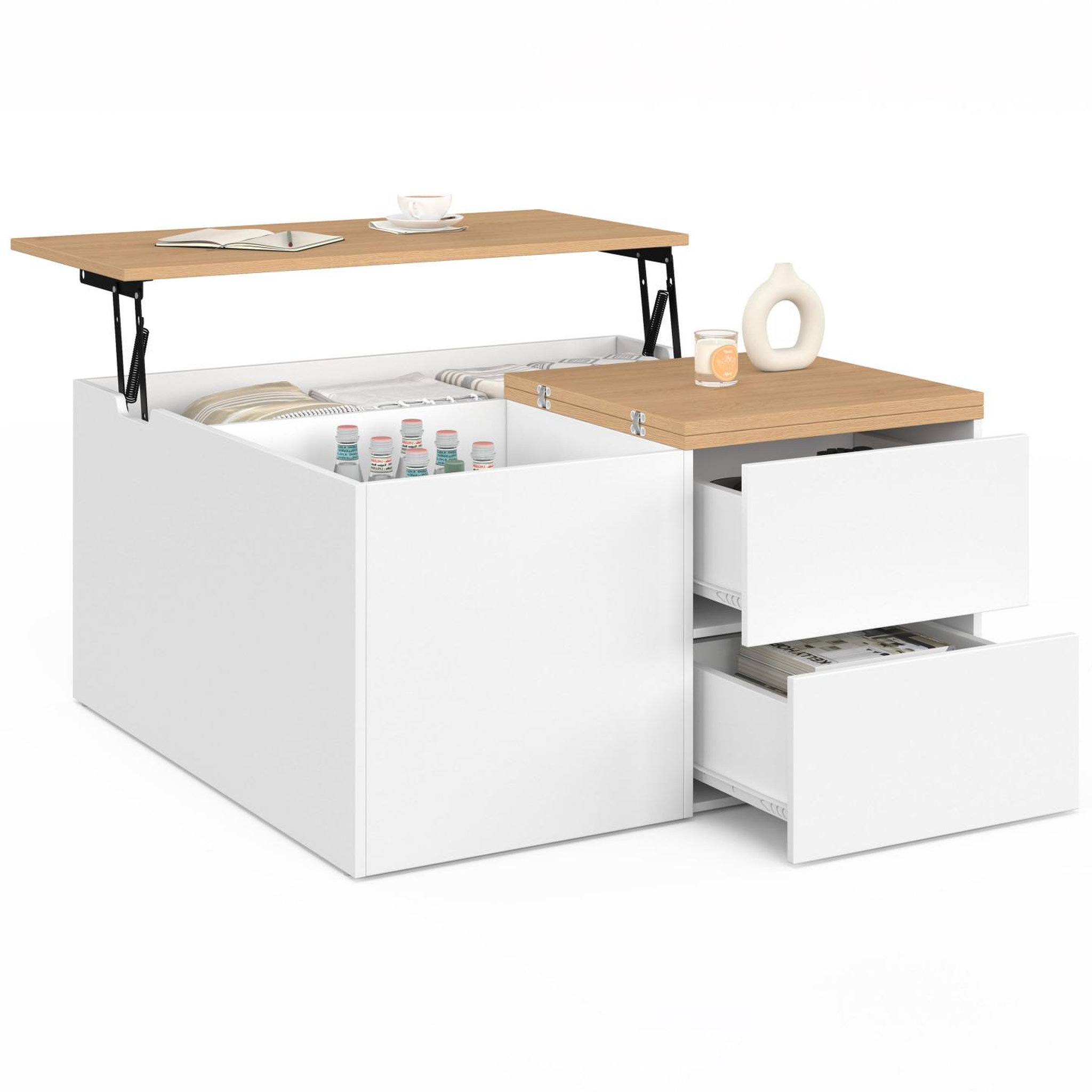 ID MARKET Table basse plateau relevable carrée CALIA 80 cm avec 2 coffres et 2 tiroirs blanc et bois
