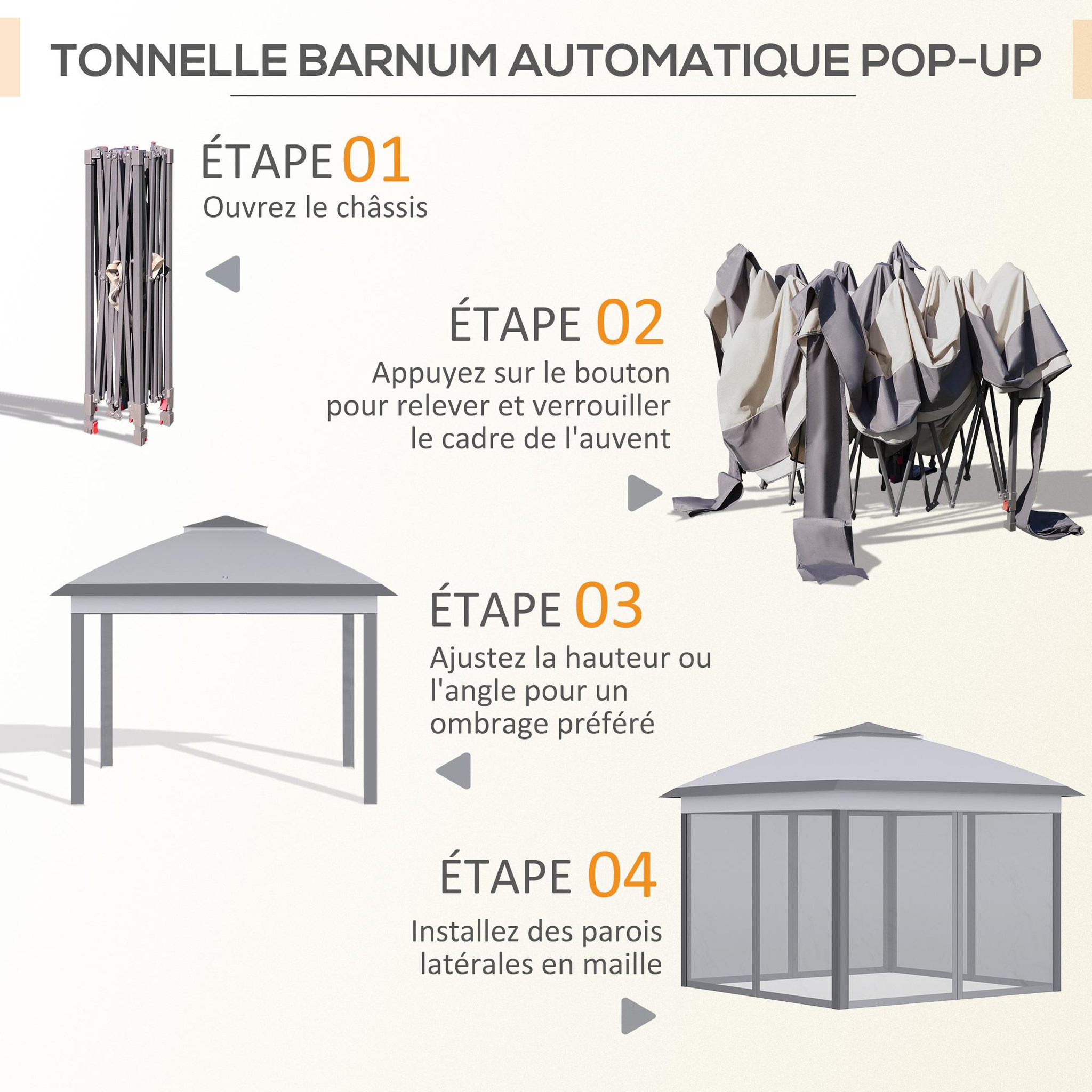 Voir la diapositive 5 : OUTSUNNY Tonnelle barnum automatique pop-up dim. 3,3L x 3,3l x 2,88H m moustiquaires sac transport métal oxford gris