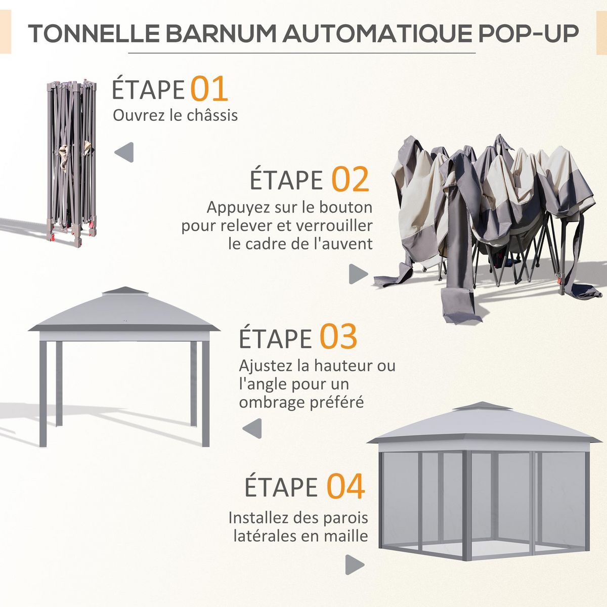 OUTSUNNY Tonnelle barnum automatique pop-up dim. 3,3L x 3,3l x 2,88H m moustiquaires sac transport métal oxford gris