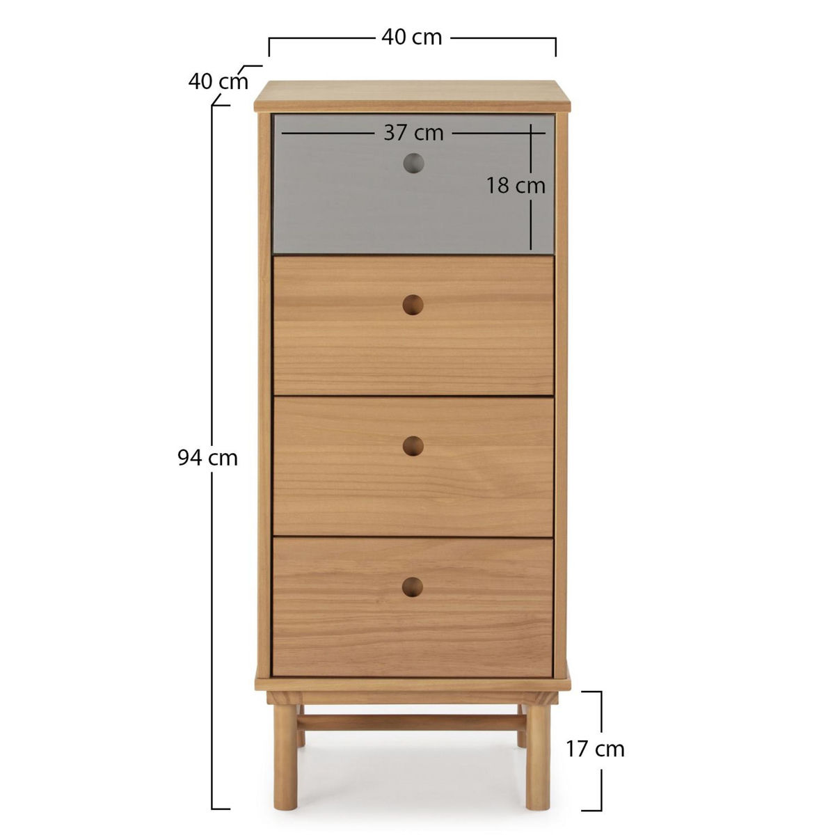 VS VENTA-STOCK Chiffonnier de nuit Magnus 4 tiroirs, bois massif, 40 cm Largeur