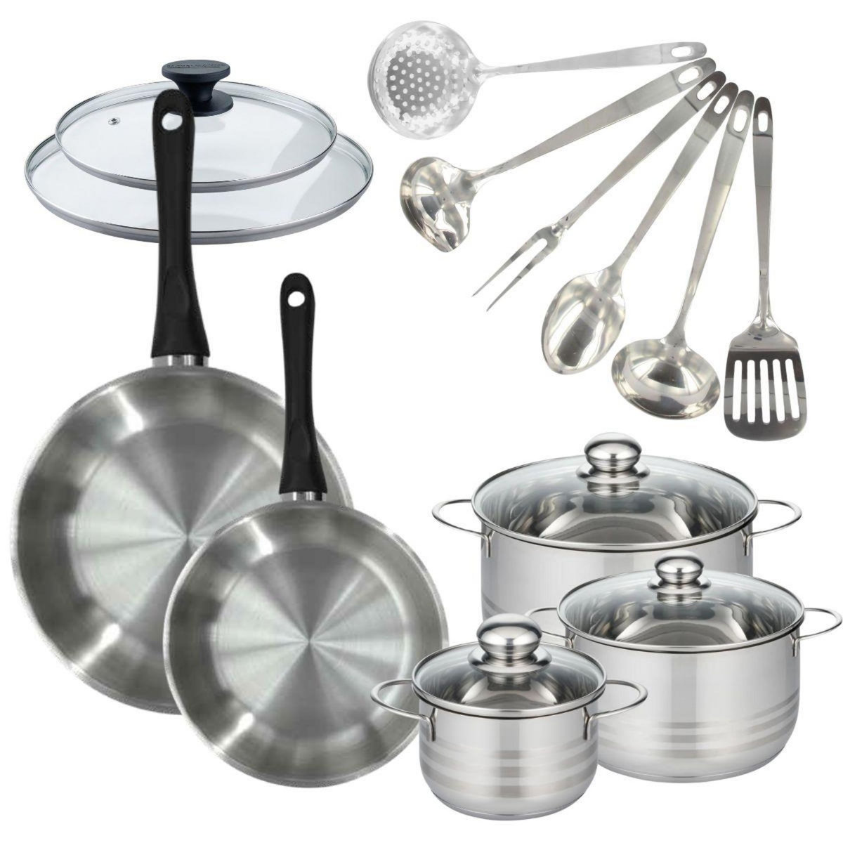 Fackelmann Set de 2 poêles 24, 28 cm inox, couvercles verre, 3 faitouts inox 16, 20 et 24 cm et 6 ustensiles inox Fackelmann Geneva
