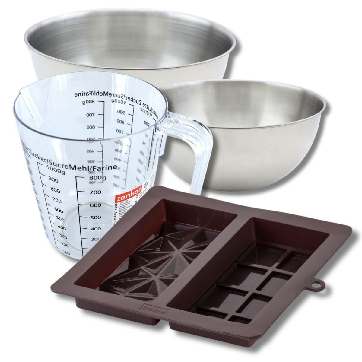 ZENKER Set pâtisserie avec double moule à chocolat de Dubaï, 2 bols à mixer, verre mesureur et spatule Zenker