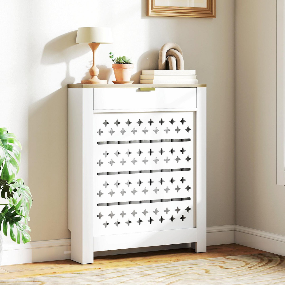 HOMCOM Cache-radiateur design motif étoile 1 porte dim. 78 x 19 x 95 cm doré effet bois blanc