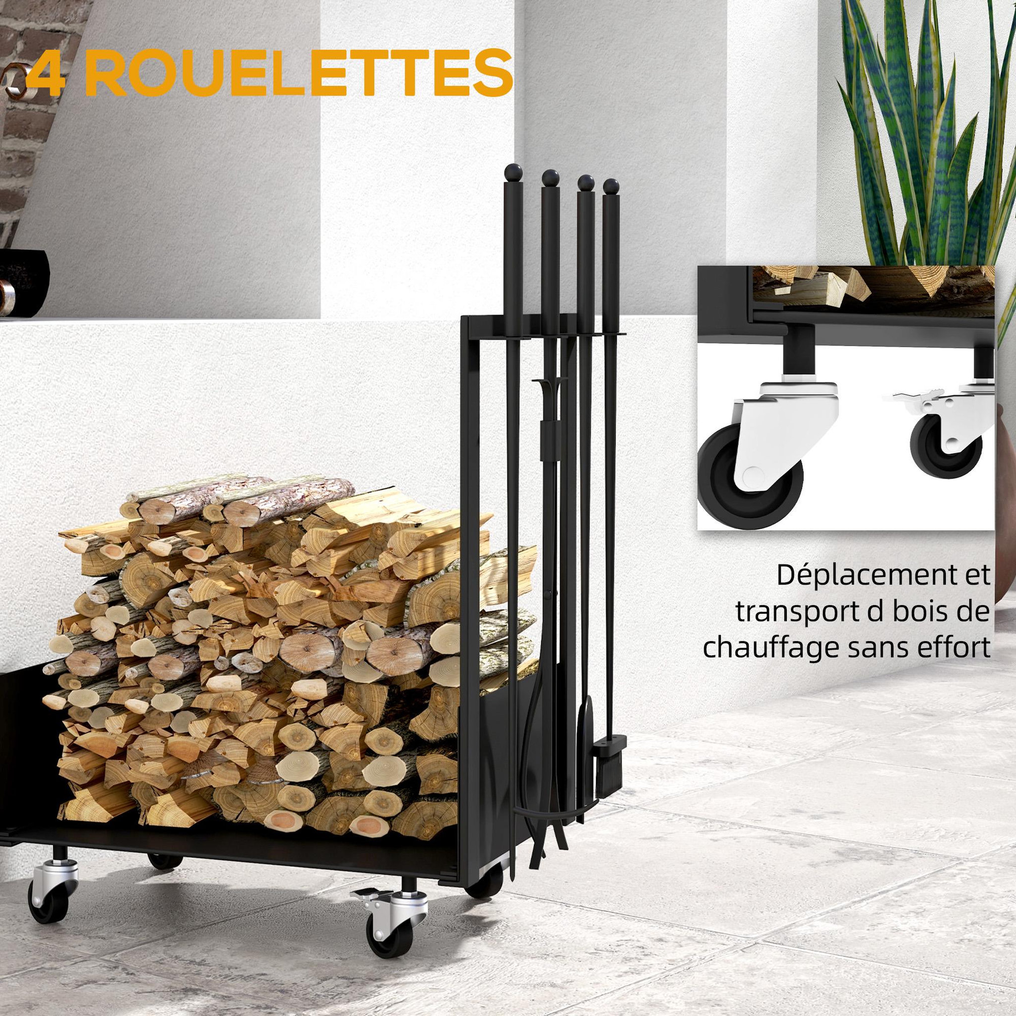 Voir la diapositive 5 : OUTSUNNY Serviteur de cheminée range-bûches chariot 3 en 1 - pelle, balai, tisonnier, pince - charge max. 60 Kg - métal noir
