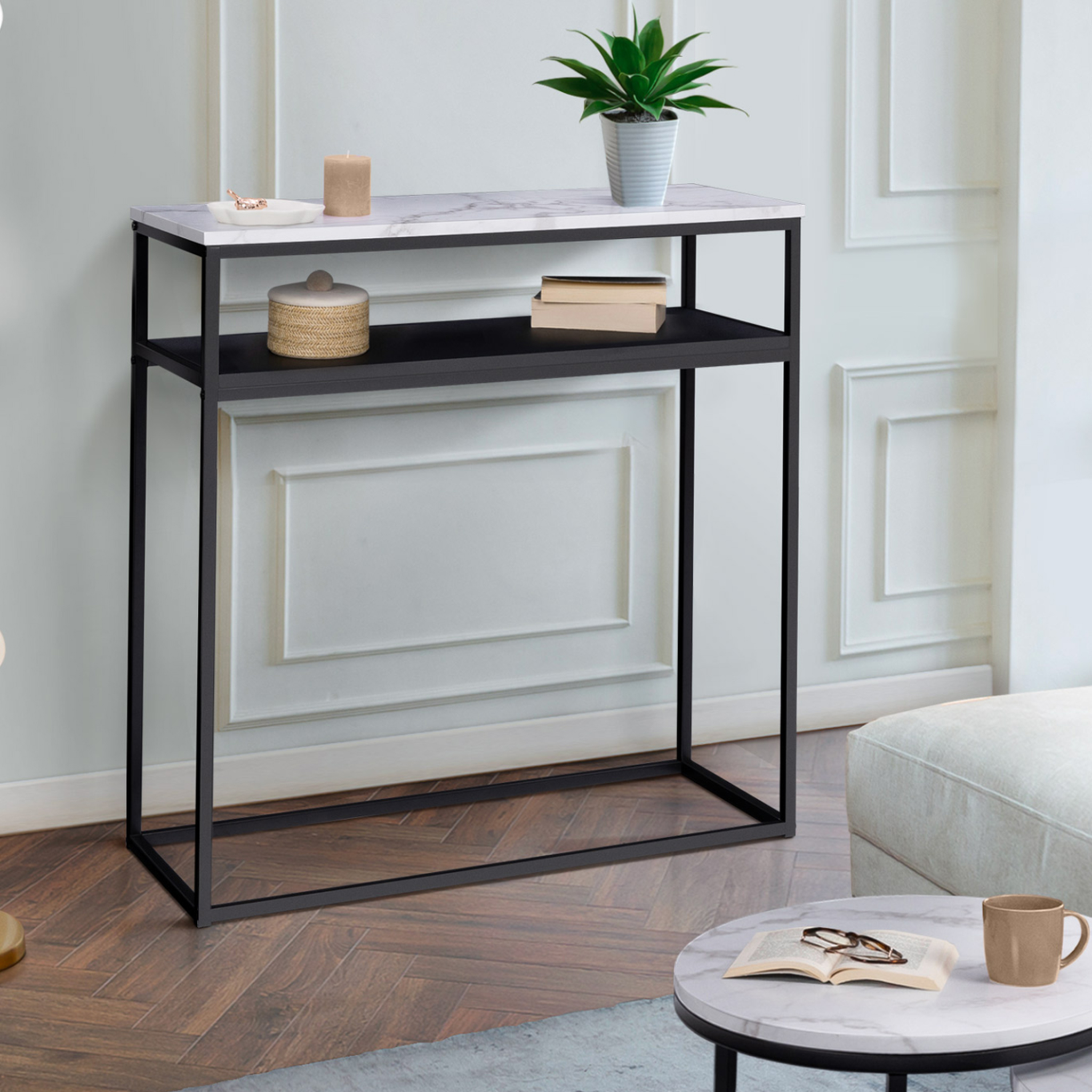 Voir la diapositive 2 : ID MARKET Console double alaska effet marbre et bois noir pied métal