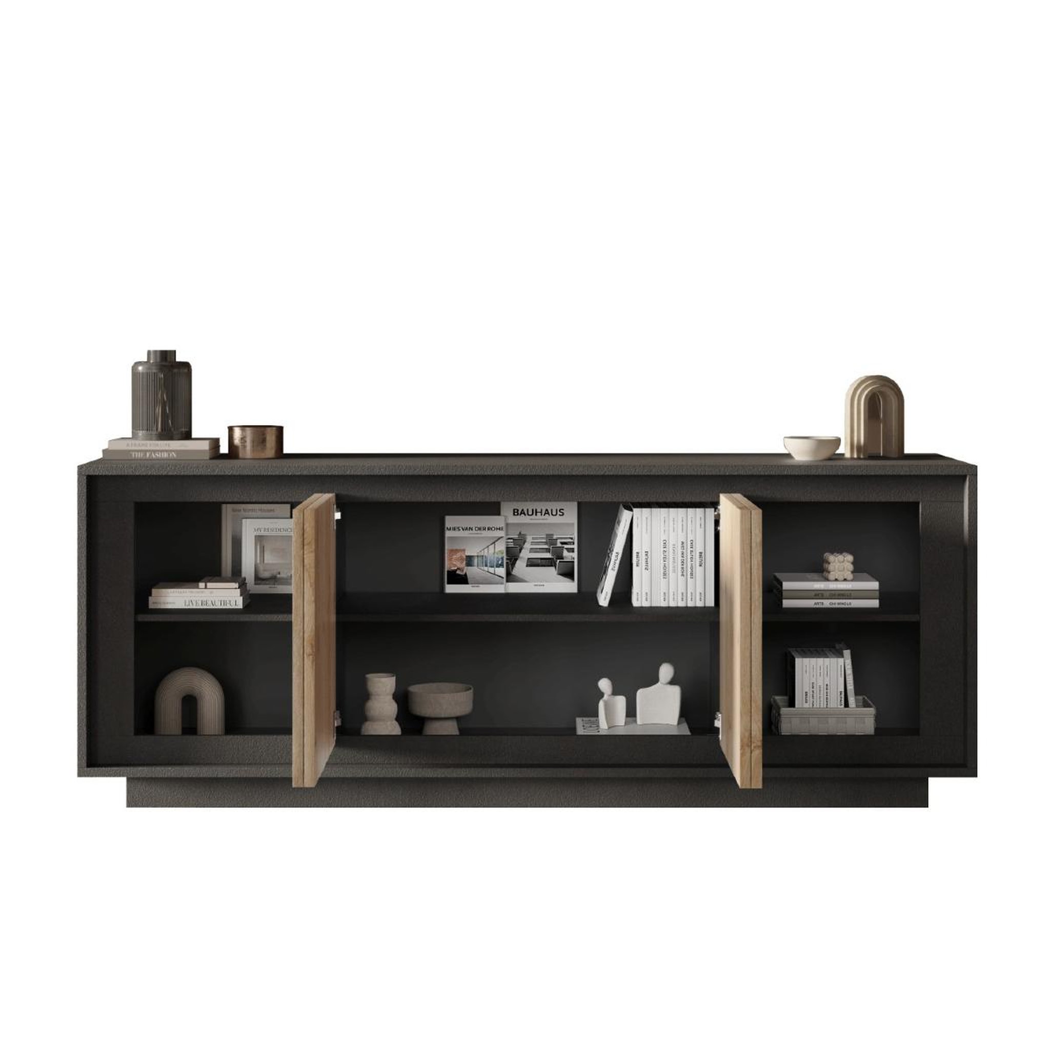 Voir la diapositive 3 : JLC KREATION Buffet bas contemporain 4 portes gris et bois naturel yori