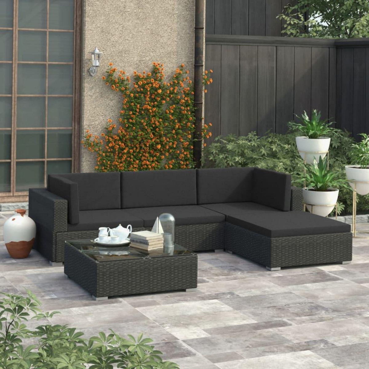 VIDAXL Salon de jardin 5 pcs avec coussins Resine tressee Noir