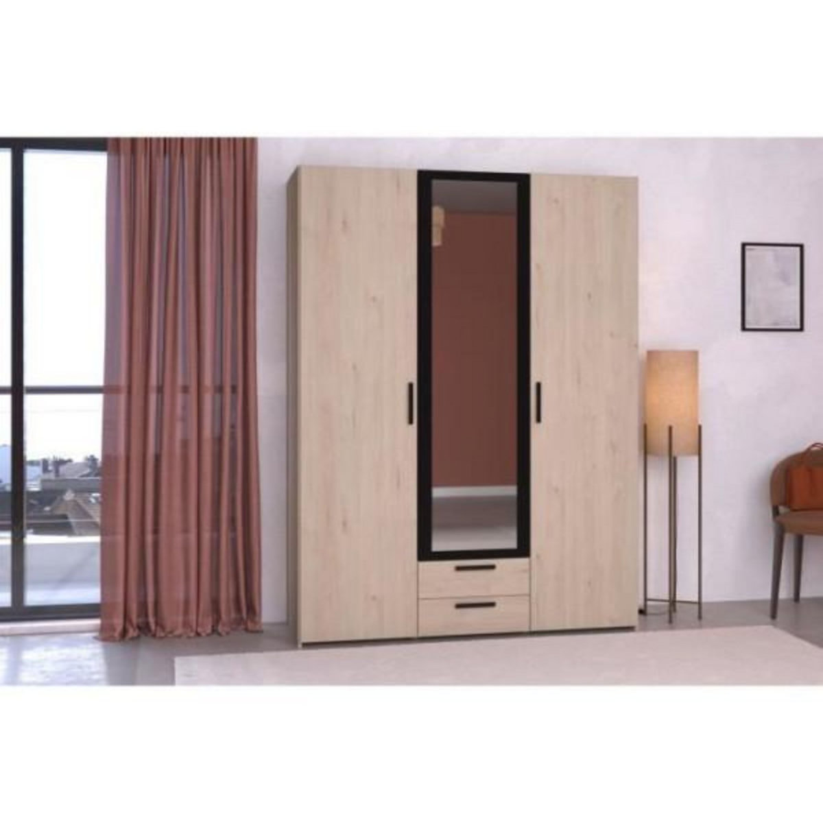 PARISOT Armoire VARIA - Décor chene et noir - 3 portes battantes + 2 tiroirs + 1 miroir - L 150 x H 200 x P 51 cm