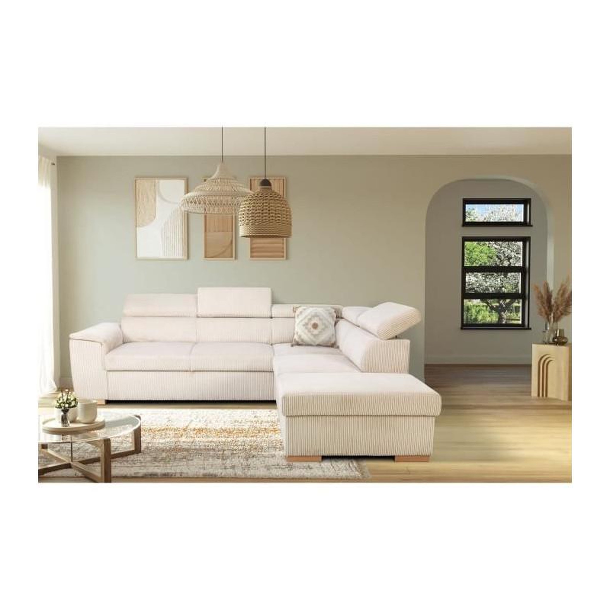 Voir la diapositive 2 : DAYTON Canapé d'angle convertible réversible 5 places DAYTONA - Velours côtelé beige - Coffre de rangement - L 260 x H 94 x P 216 c