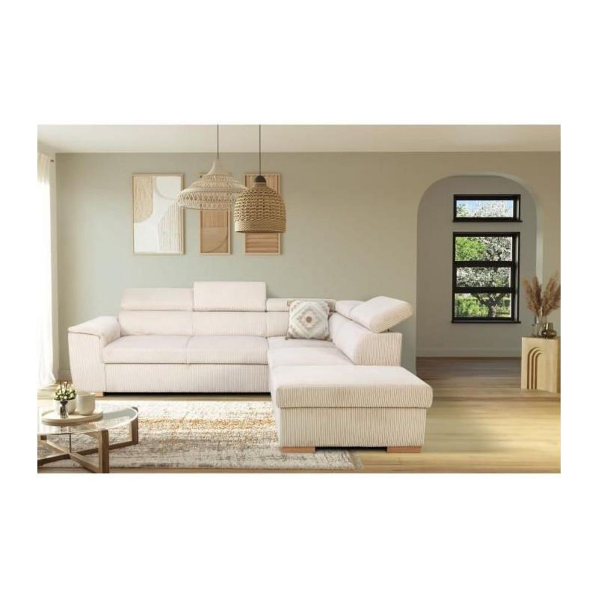 DAYTON Canapé d'angle convertible réversible 5 places DAYTONA - Velours côtelé beige - Coffre de rangement - L 260 x H 94 x P 216 c