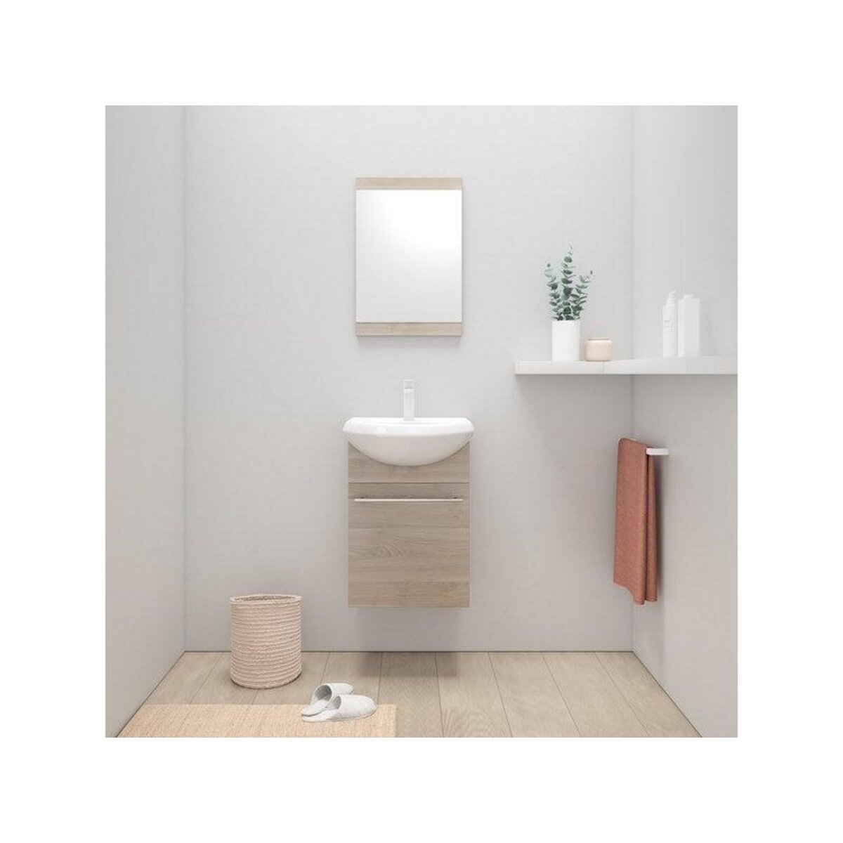 CENTRALE BRICO Meuble simple vasque l.42 x H.60 x P.25 cm, imitation bouleau, Aroa