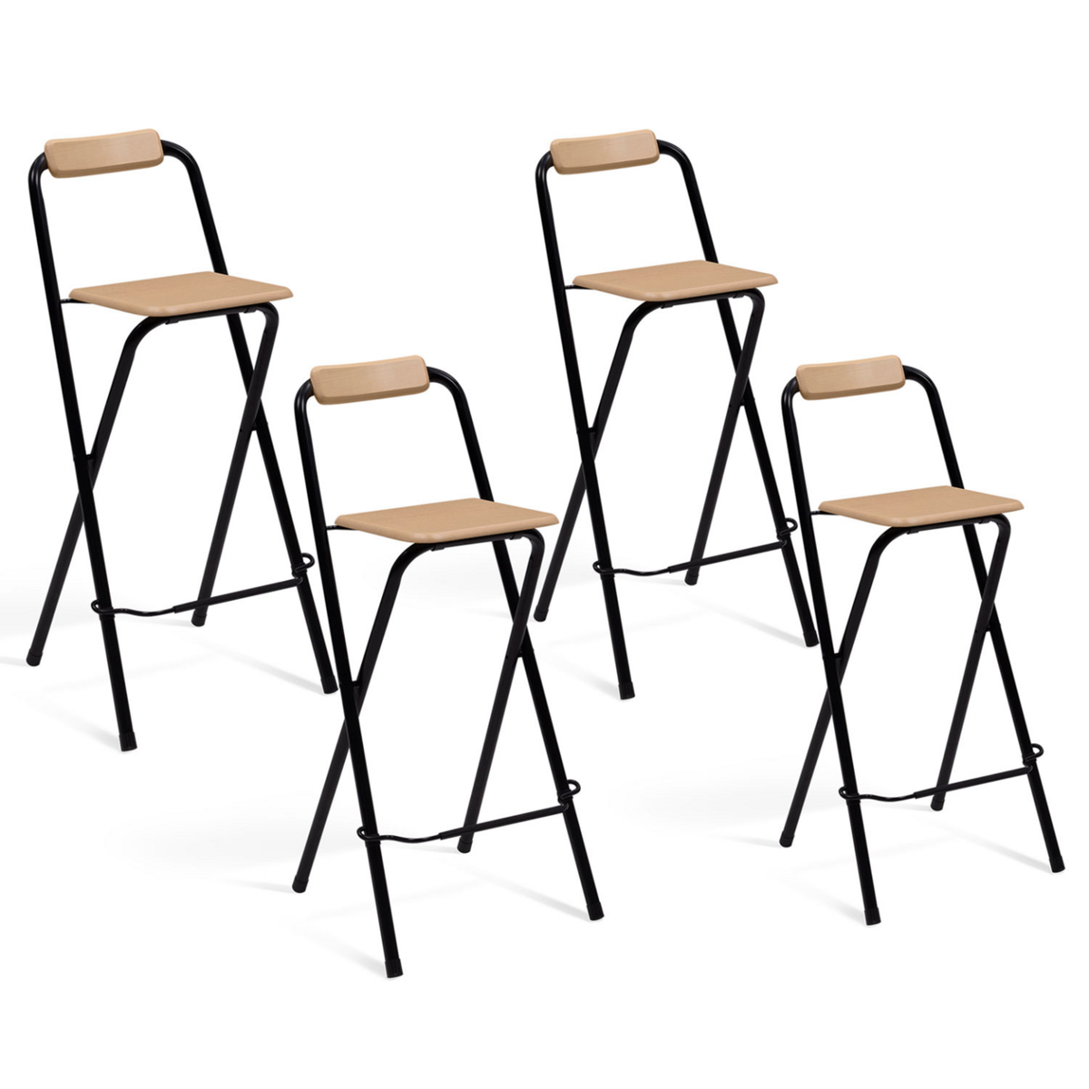 ID MARKET Lot de 4 tabourets de bar pliants DETROIT structure noire avec assise effet bois design industriel