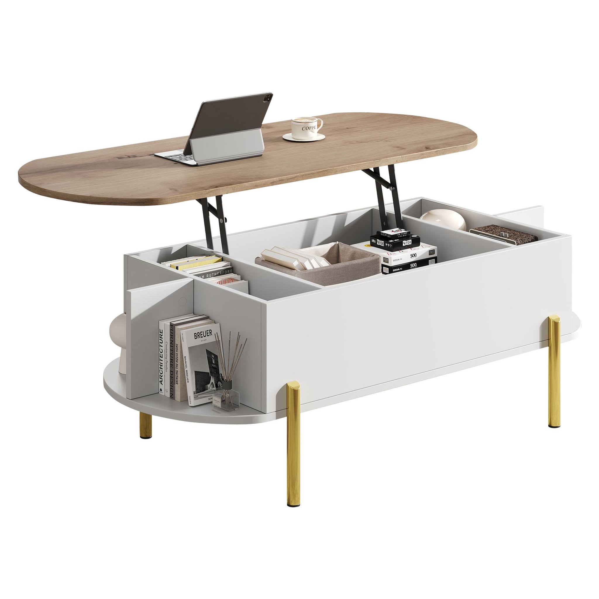 MERAX Table basse relevable ovale blanc+naturel - 50x120 cm mdf